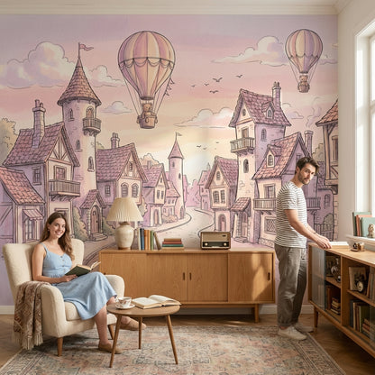 Vintage Village Wallpaper Whimsical Pastel Wall Mural