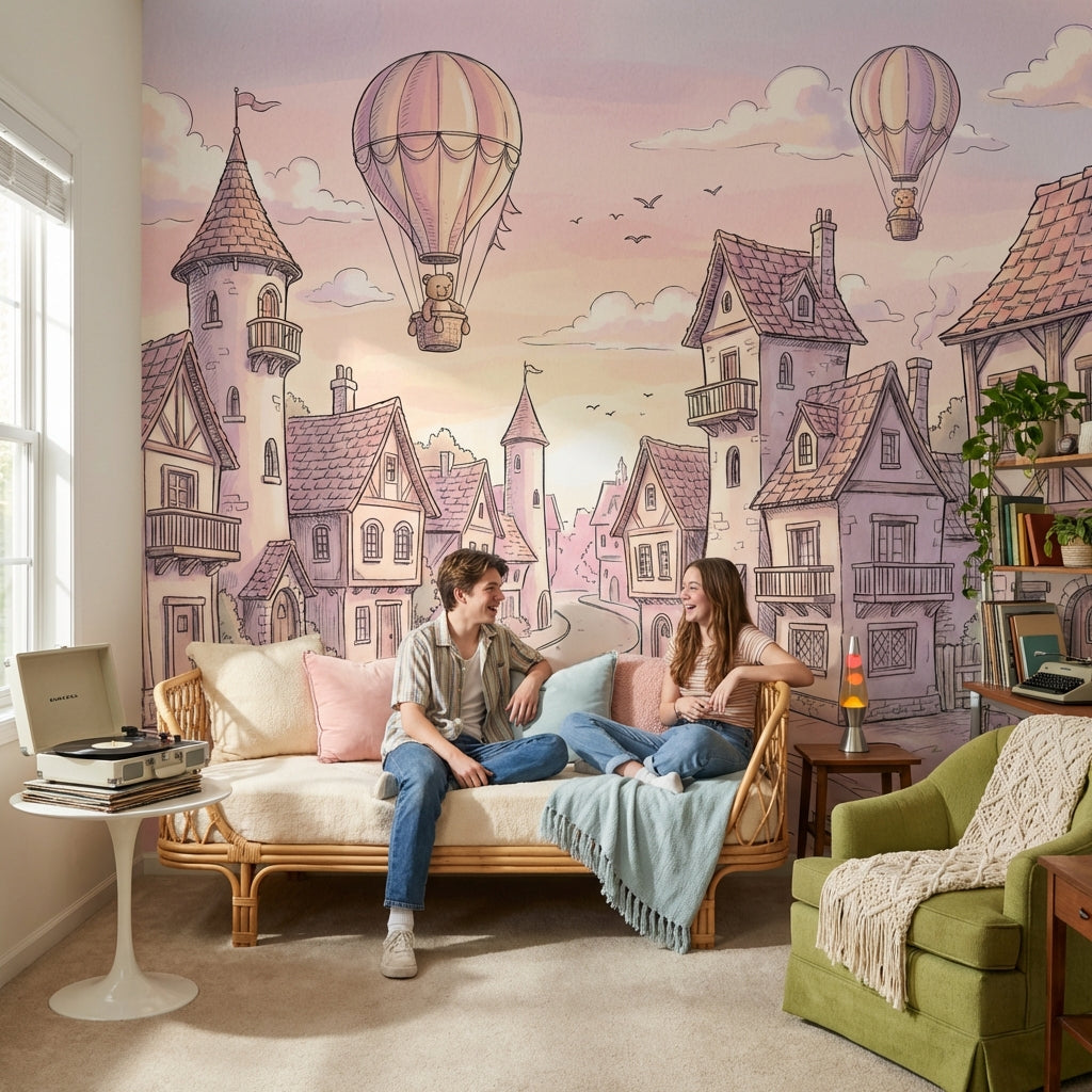 Vintage Village Wallpaper Whimsical Pastel Wall Mural