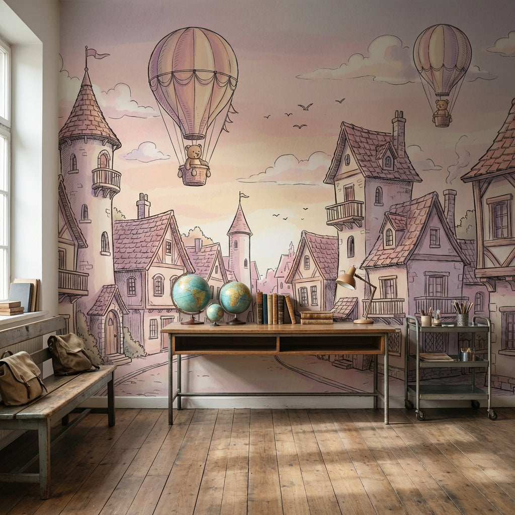 Vintage Village Wallpaper Whimsical Pastel Wall Mural