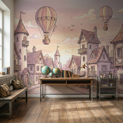 Vintage Village Wallpaper Whimsical Pastel Wall Mural
