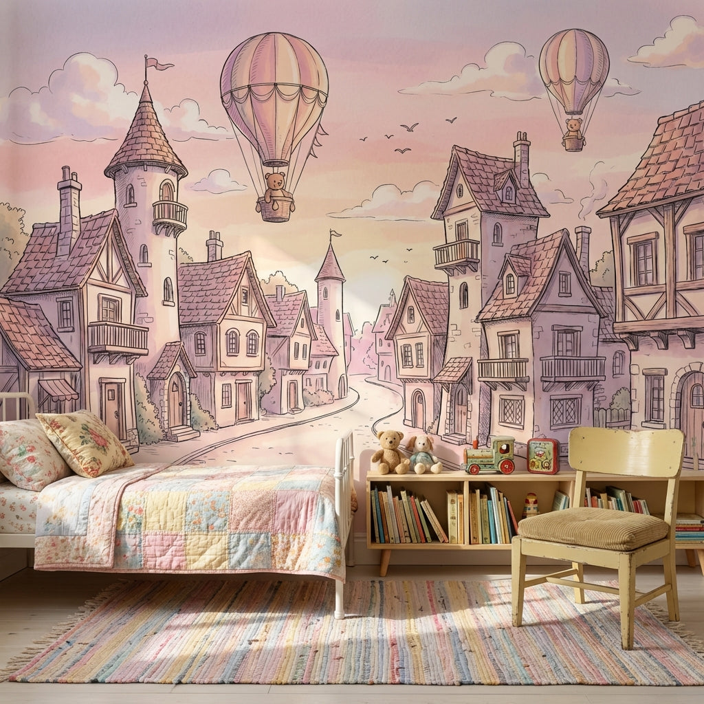 Vintage Village Wallpaper Whimsical Pastel Wall Mural