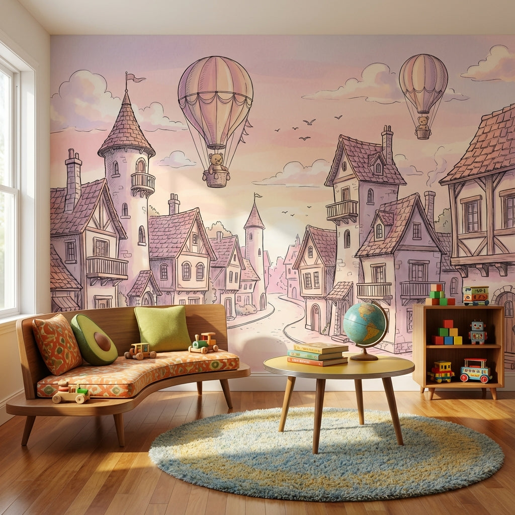 Vintage Village Wallpaper Whimsical Pastel Wall Mural