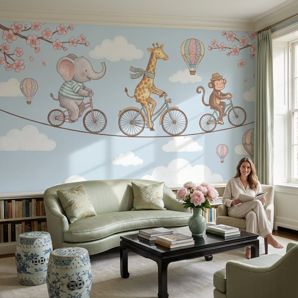 Whimsical Animals Wallpaper Bicycles Cartoon Wall Mural