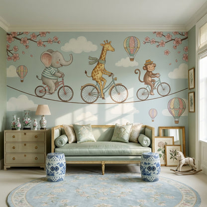 Whimsical Animals Wallpaper Bicycles Cartoon Wall Mural
