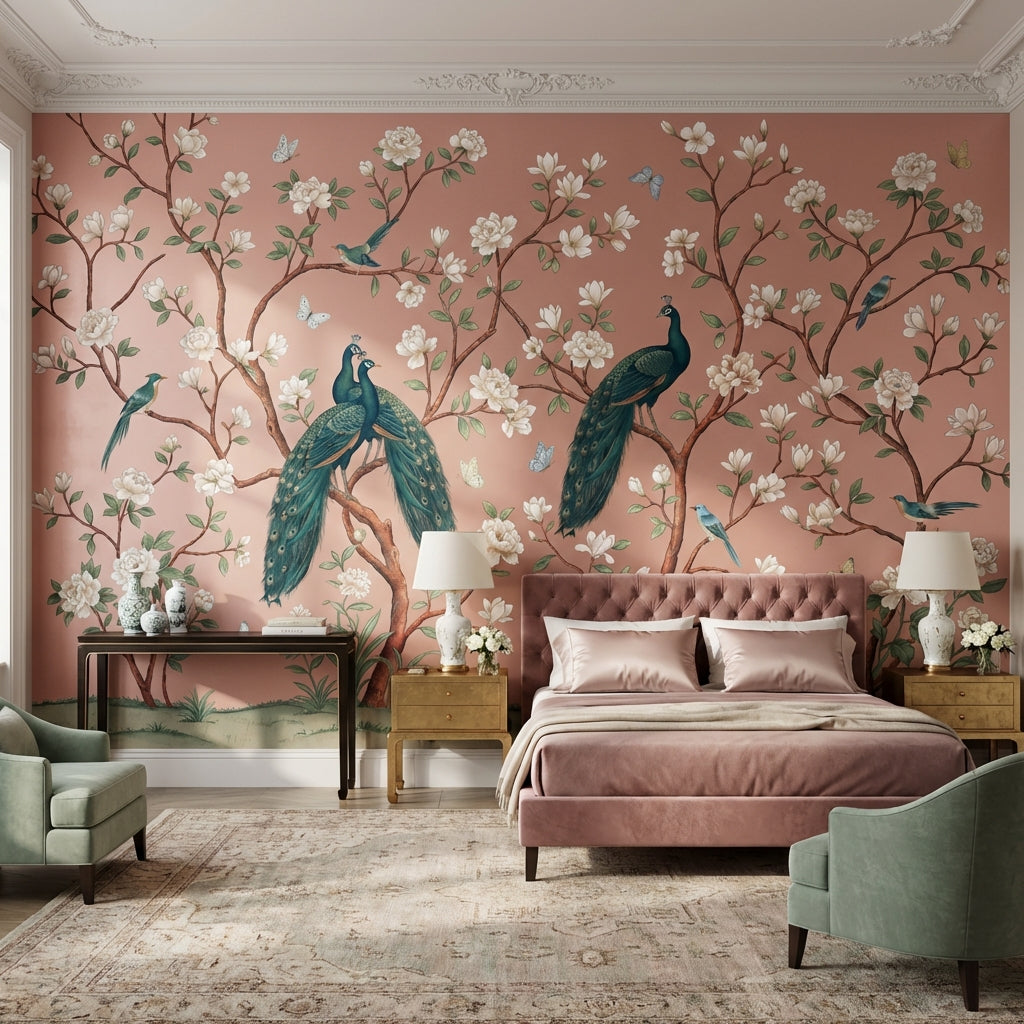 Elegant Peacocks Wallpaper Floral Vintage Wall Art