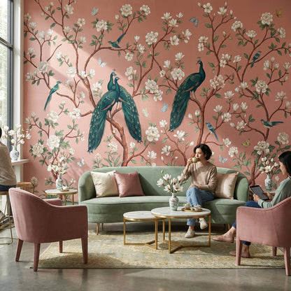 Elegant Peacocks Wallpaper Floral Vintage Wall Art