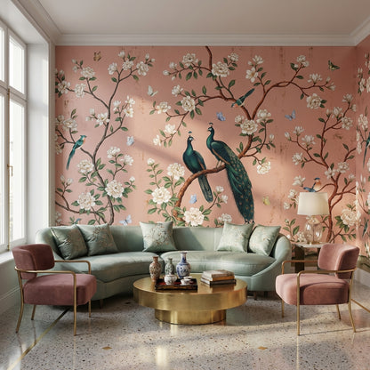 Peacock Wallpaper Floral Vintage Wall Mural