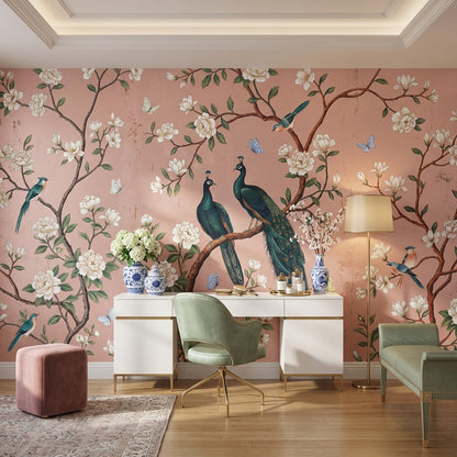Peacock Wallpaper Floral Vintage Wall Mural