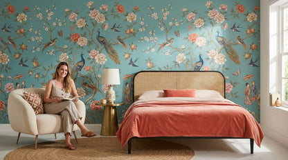 Peacocks Wallpaper Floral Asian Wall Mural