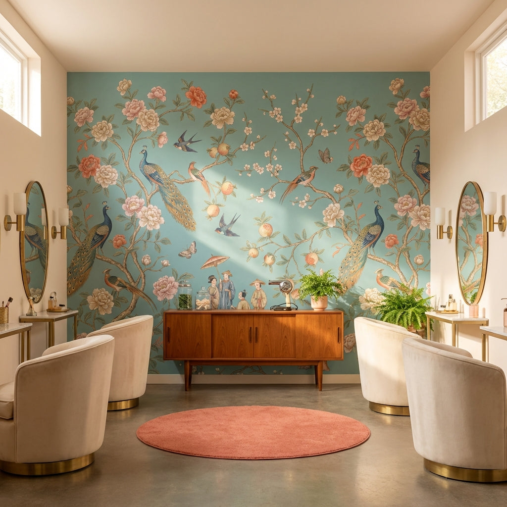 Peacocks Wallpaper Floral Asian Wall Mural