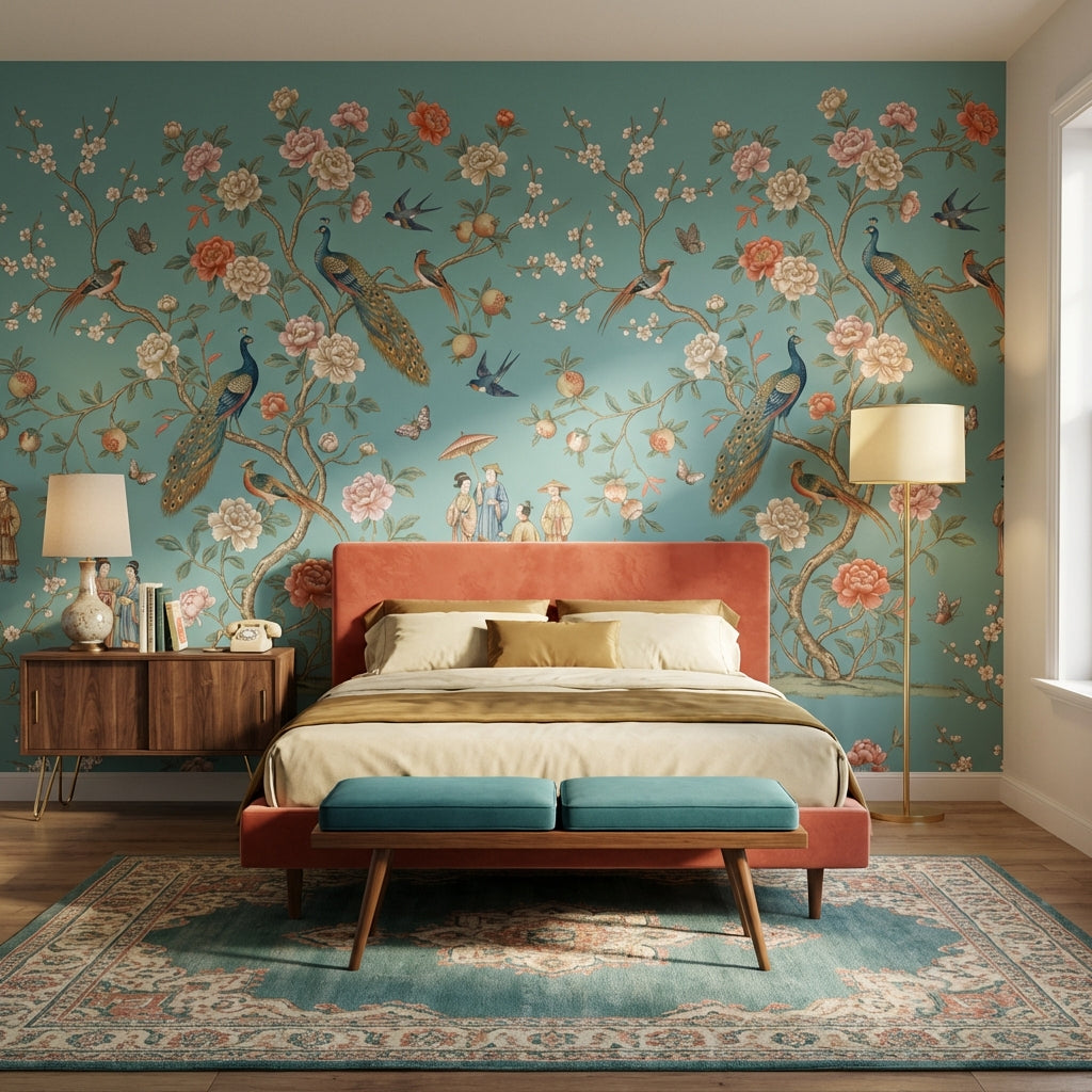 Peacocks Wallpaper Floral Asian Wall Mural