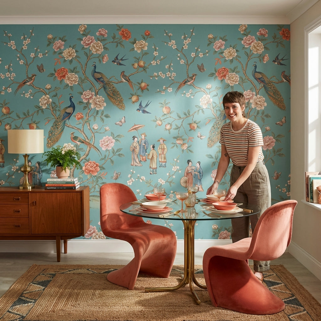 Peacocks Wallpaper Floral Asian Wall Mural