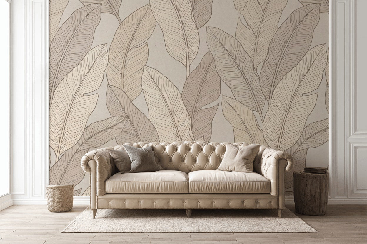 Beige Leaves Wallpaper Minimalist Modern Wall Decor
