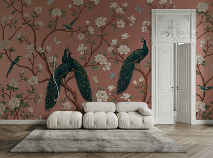 Elegant Peacocks Wallpaper Floral Vintage Wall Art