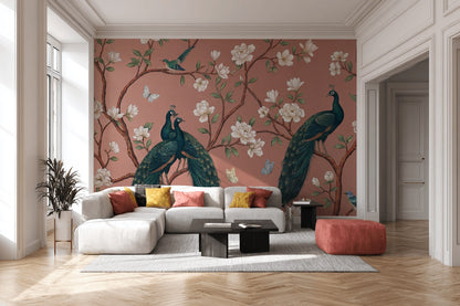 Elegant Peacocks Wallpaper Floral Vintage Wall Art