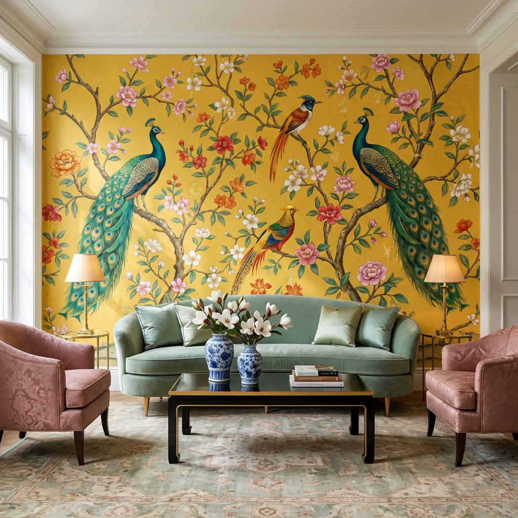 Peacocks Wallpaper Floral Birds Wall Mural