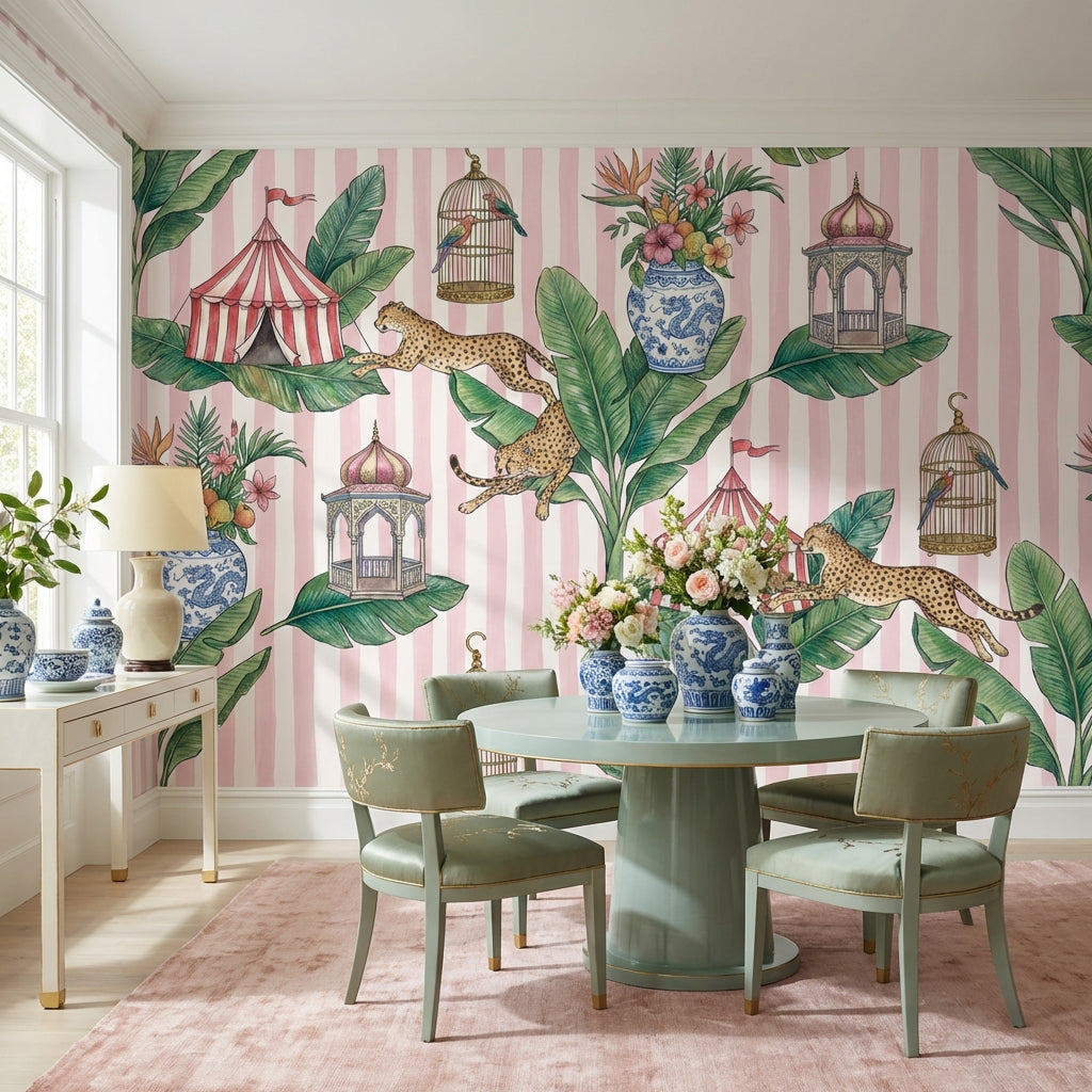 Leopards Wallpaper Circus Tents Birdcages Wall Mural