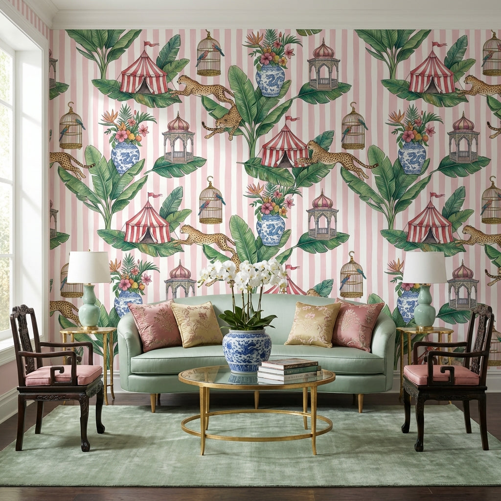 Leopards Wallpaper Circus Tents Birdcages Wall Mural