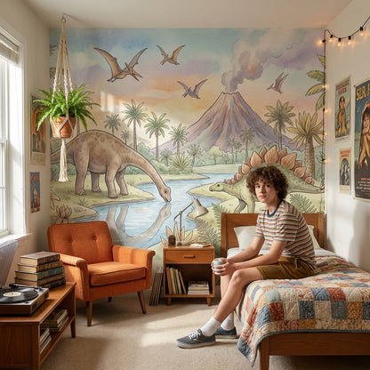 Dinosaurs Landscape Wallpaper Prehistoric Volcano Wall Mural