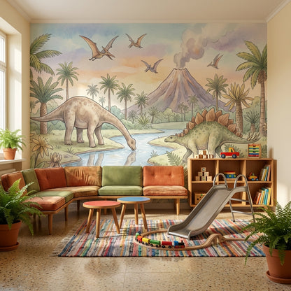 Dinosaurs Landscape Wallpaper Prehistoric Volcano Wall Mural