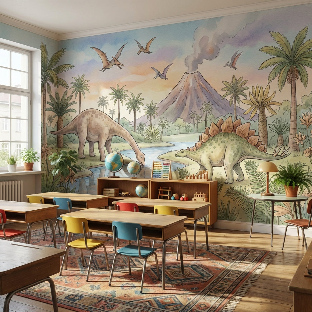 Dinosaurs Landscape Wallpaper Prehistoric Volcano Wall Mural