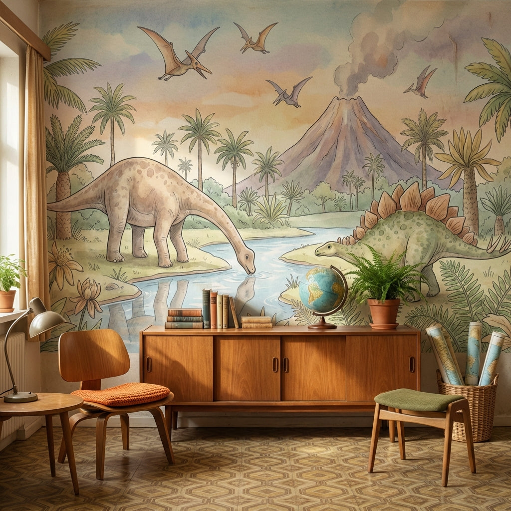 Dinosaurs Landscape Wallpaper Prehistoric Volcano Wall Mural
