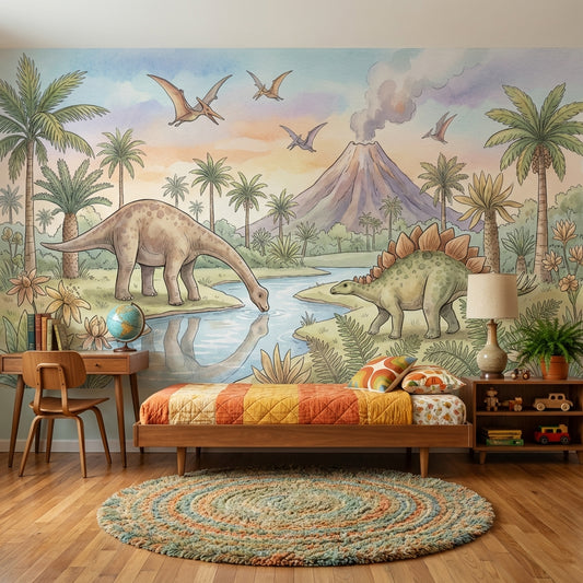 Dinosaurs Landscape Wallpaper Prehistoric Volcano Wall Mural
