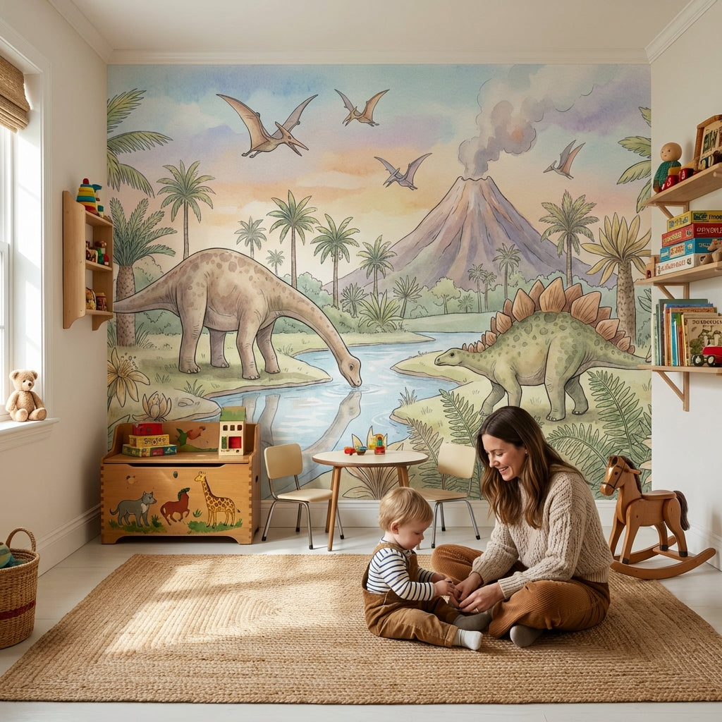 Dinosaurs Landscape Wallpaper Prehistoric Volcano Wall Mural