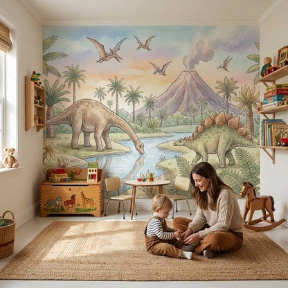 Dinosaurs Landscape Wallpaper Prehistoric Volcano Wall Mural