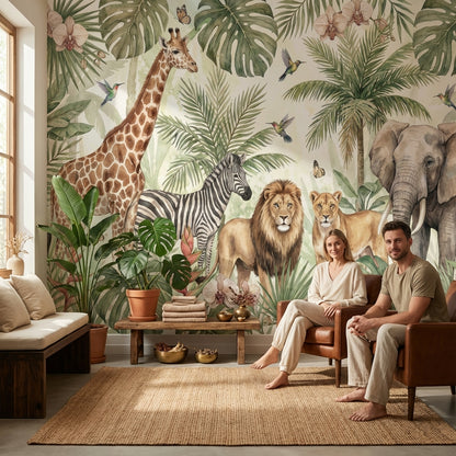 Jungle Animals Wallpaper Tropical Watercolor Wall Mural