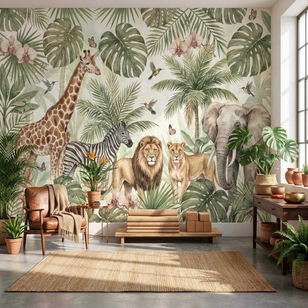 Jungle Animals Wallpaper Tropical Watercolor Wall Mural