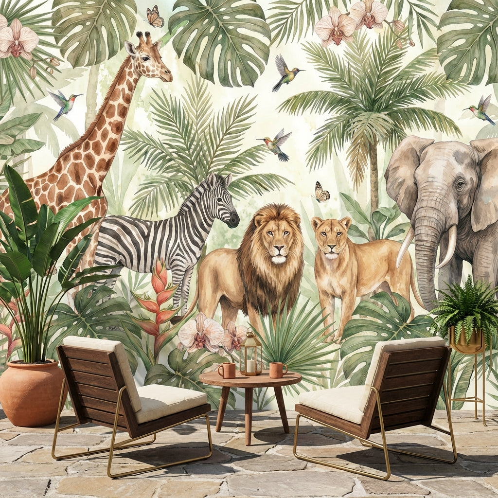 Jungle Animals Wallpaper Tropical Watercolor Wall Mural