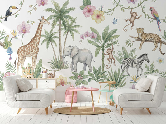 Jungle Animals Wallpaper Tropical Floral Wall Mural