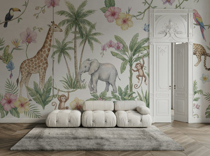Jungle Animals Wallpaper Tropical Floral Wall Mural