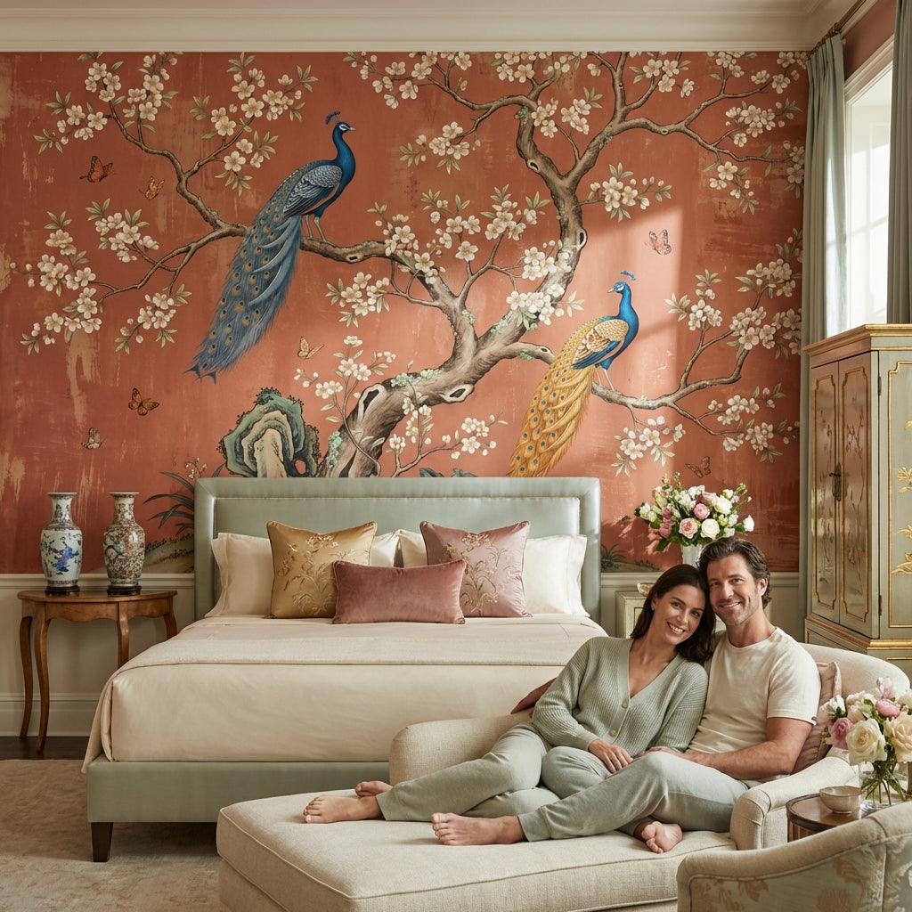 Peacocks Wallpaper Floral Oriental Wall Mural