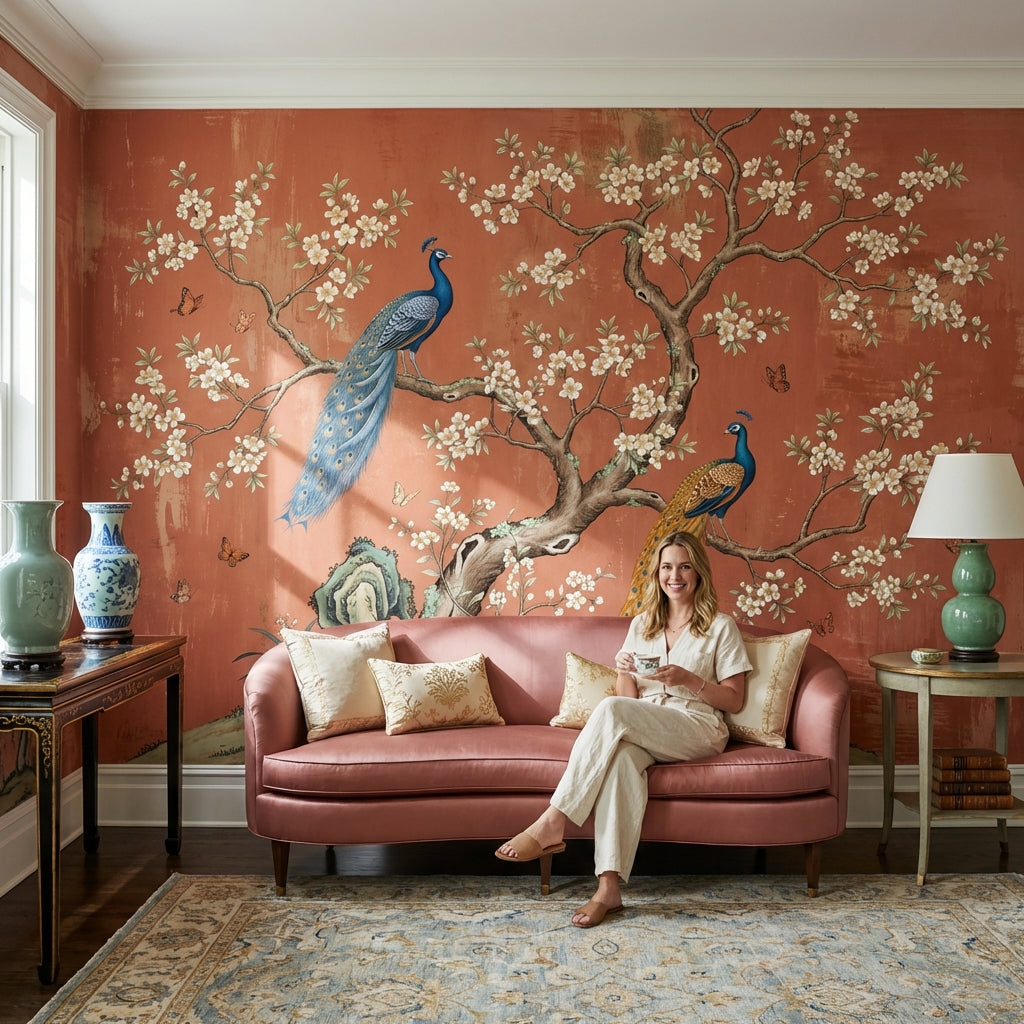 Peacocks Wallpaper Floral Oriental Wall Mural