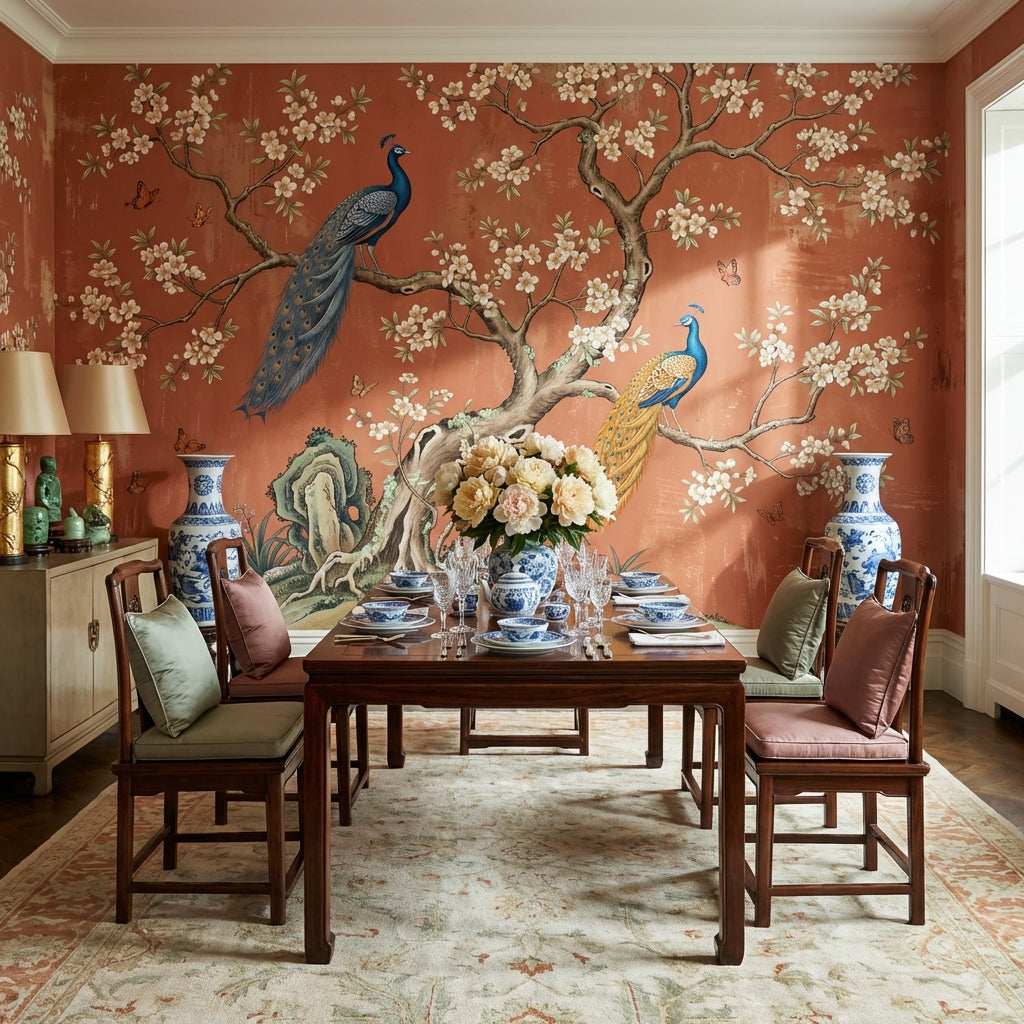 Peacocks Wallpaper Floral Oriental Wall Mural