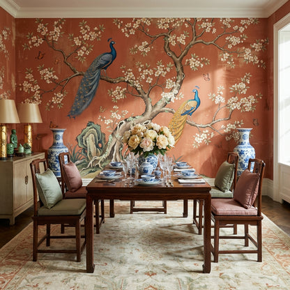 Peacocks Wallpaper Floral Oriental Wall Mural