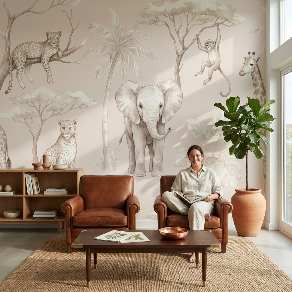 Safari Animals Wallpaper Jungle Beige Wall Mural