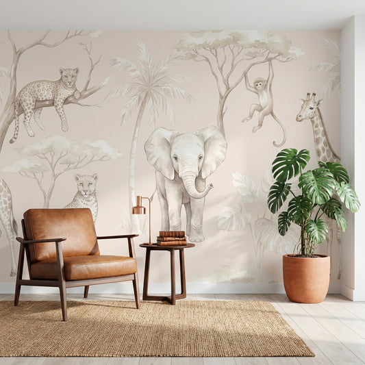 Safari Animals Wallpaper Jungle Beige Wall Mural