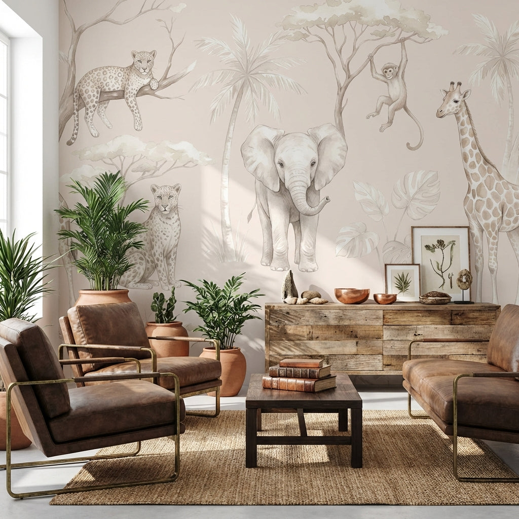 Safari Animals Wallpaper Jungle Beige Wall Mural