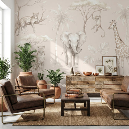 Safari Animals Wallpaper Jungle Beige Wall Mural