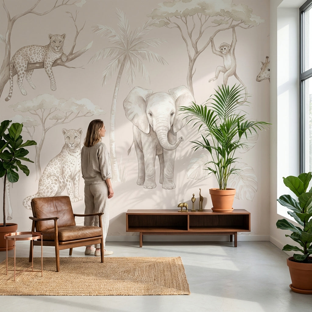 Safari Animals Wallpaper Jungle Beige Wall Mural