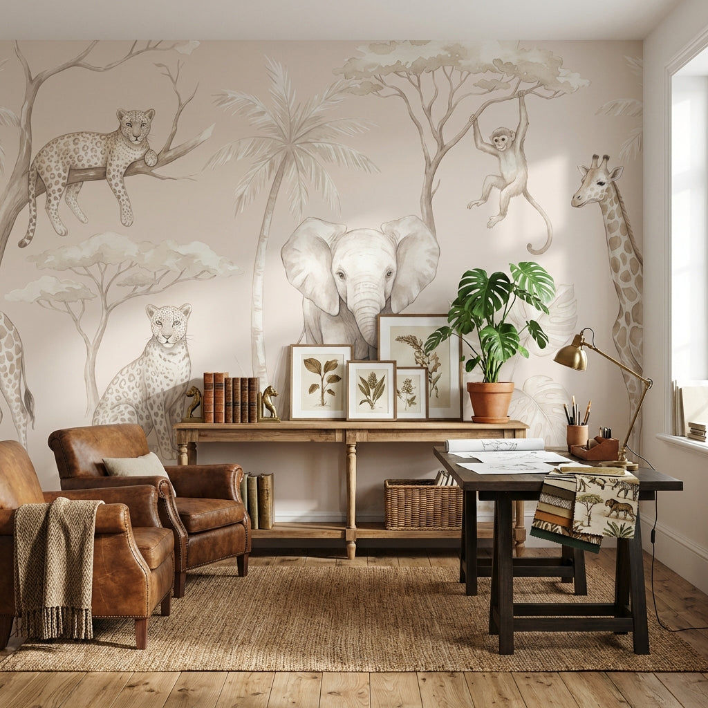 Safari Animals Wallpaper Jungle Beige Wall Mural
