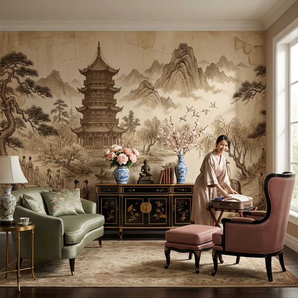 Chinese Landscape Wallpaper Pagoda Traditional Wall Mural
