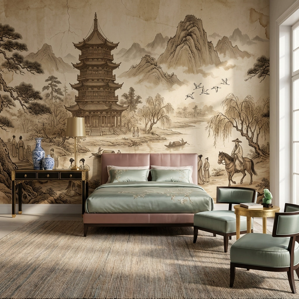 Chinese Landscape Wallpaper Pagoda Traditional Wall Mural