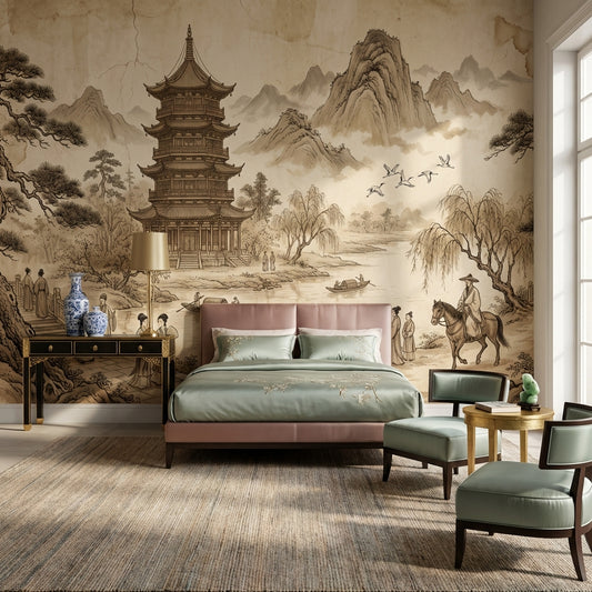 Chinese Landscape Wallpaper Pagoda Traditional Wall Mural