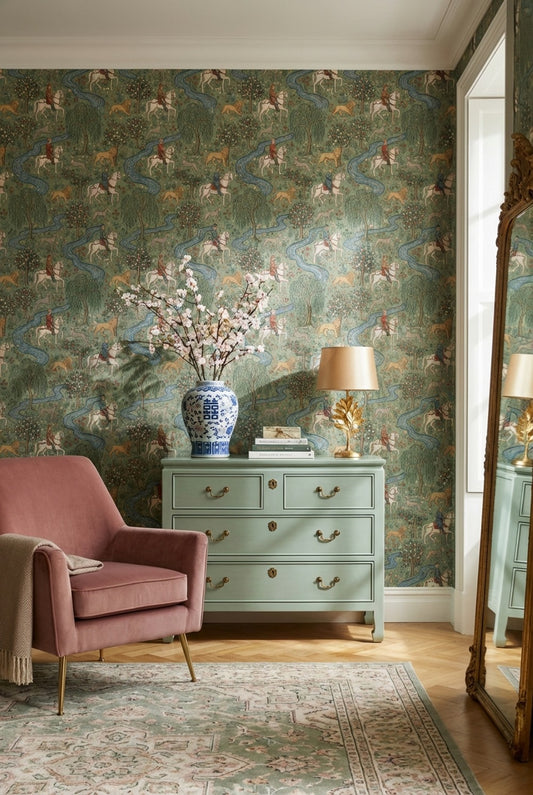Muted Green Wallpaper Vintage Elegant Wall Mural