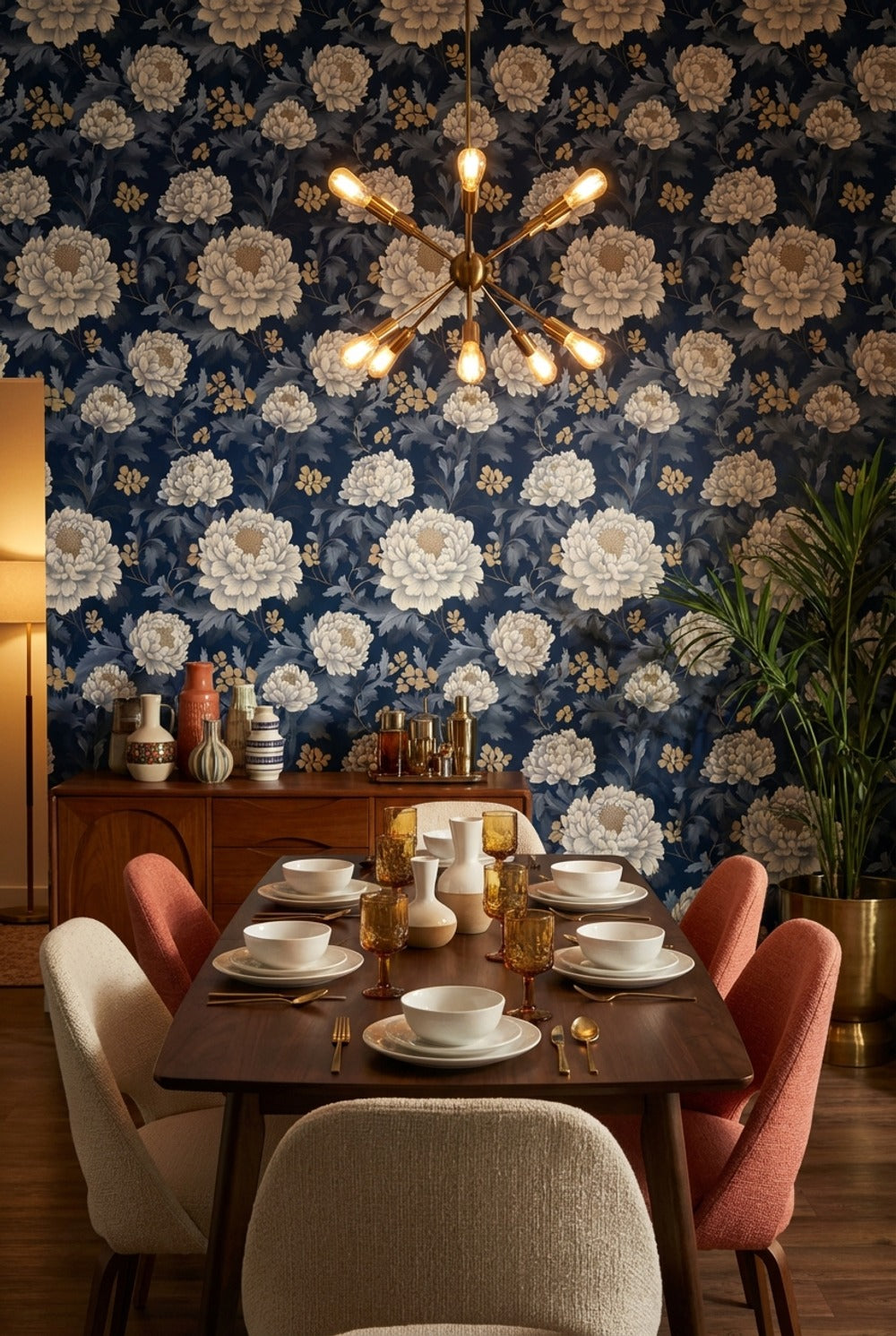 Elegant Floral Wallpaper Navy Traditional Wall Mural