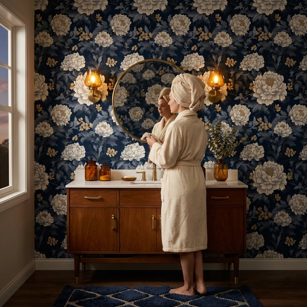 Elegant Floral Wallpaper Navy Traditional Wall Mural